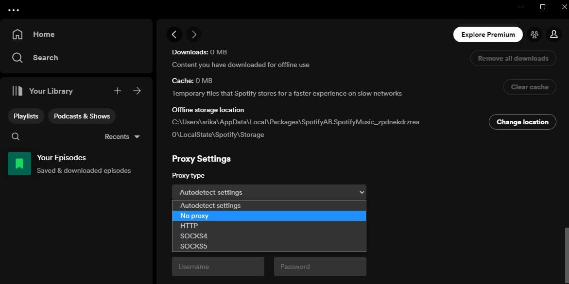 Spotify proxy settings