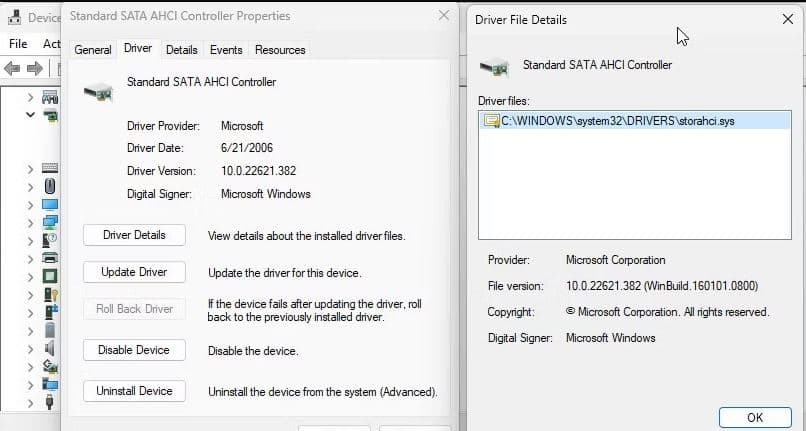 Standard SATA AHCI controller details