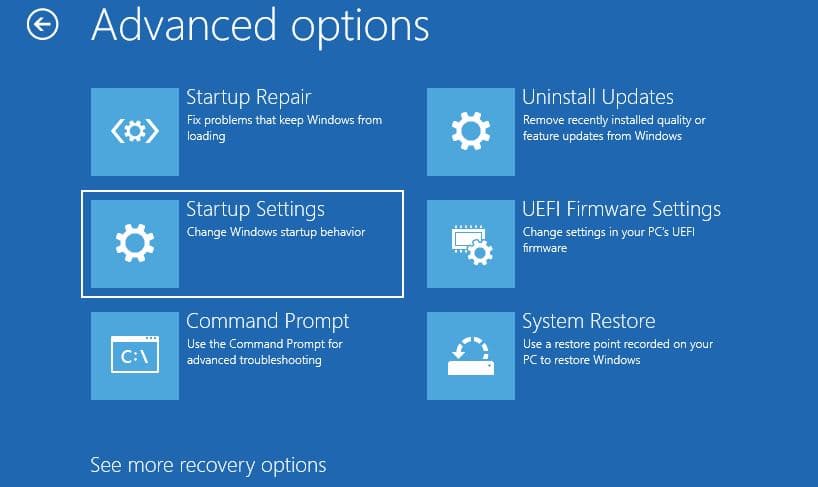 Startup setting on advanced options