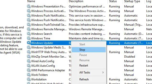 stop windows update service