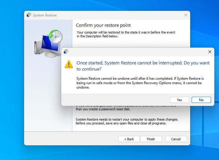 System restore confirm