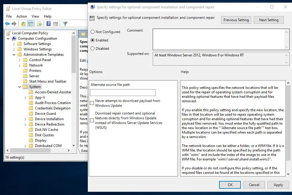 Tweak Group Policy Editor to fix error 0x800F081F or 0x800F0906