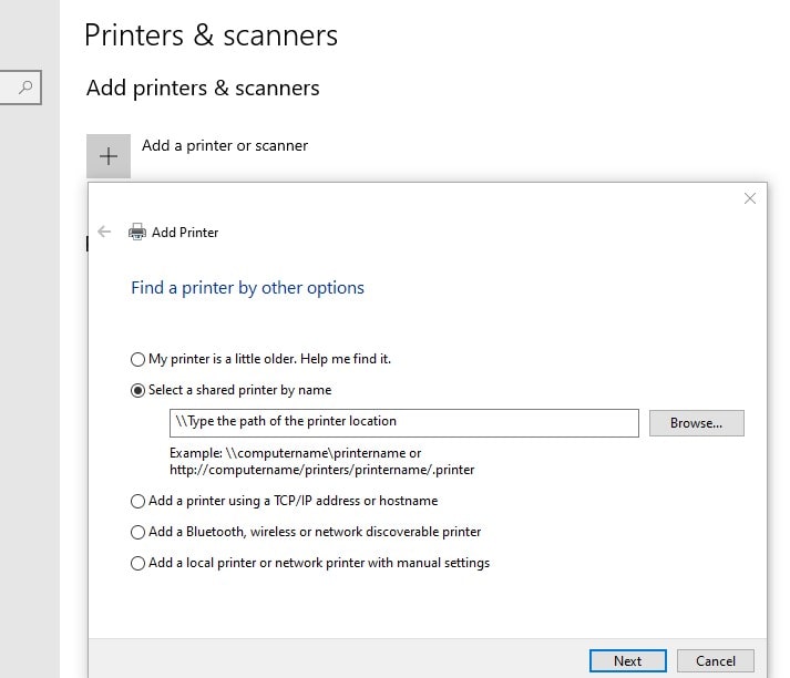 type the path of the printer location