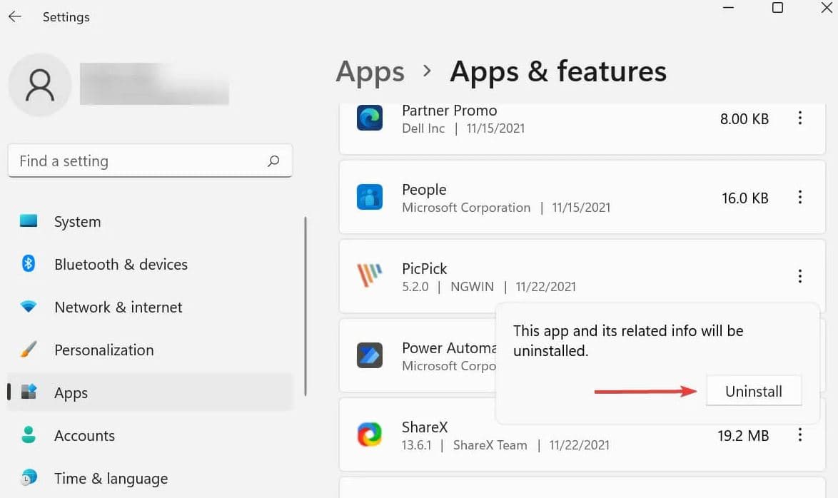 Uninstall apps on windows 11