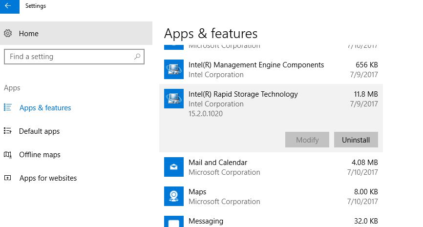 Uninstall Intel Rapid Storage Technology