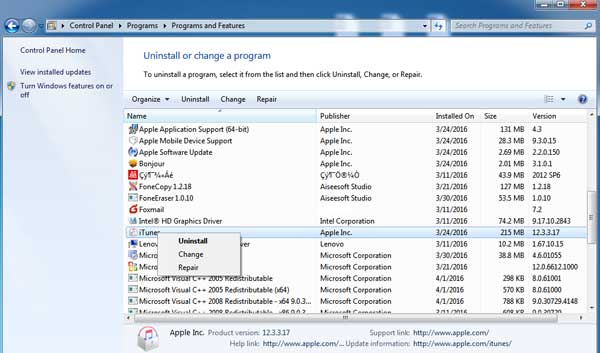 uninstall iTunes