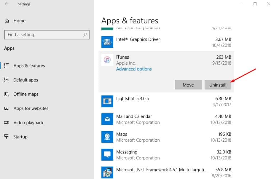 Uninstall iTunes on windows 10