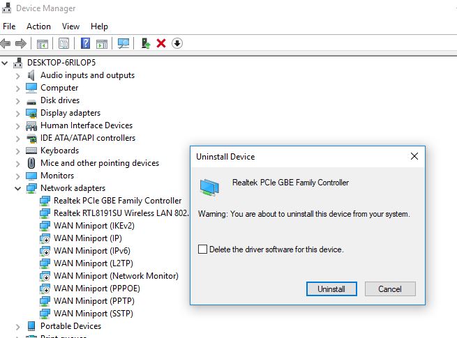 Uninstall network adapter drive