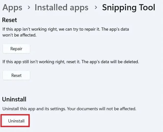 Uninstall snipping tool windows 11