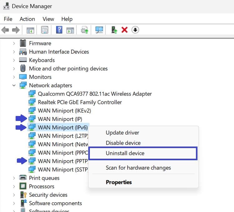 Uninstall WAN Miniport Drivers