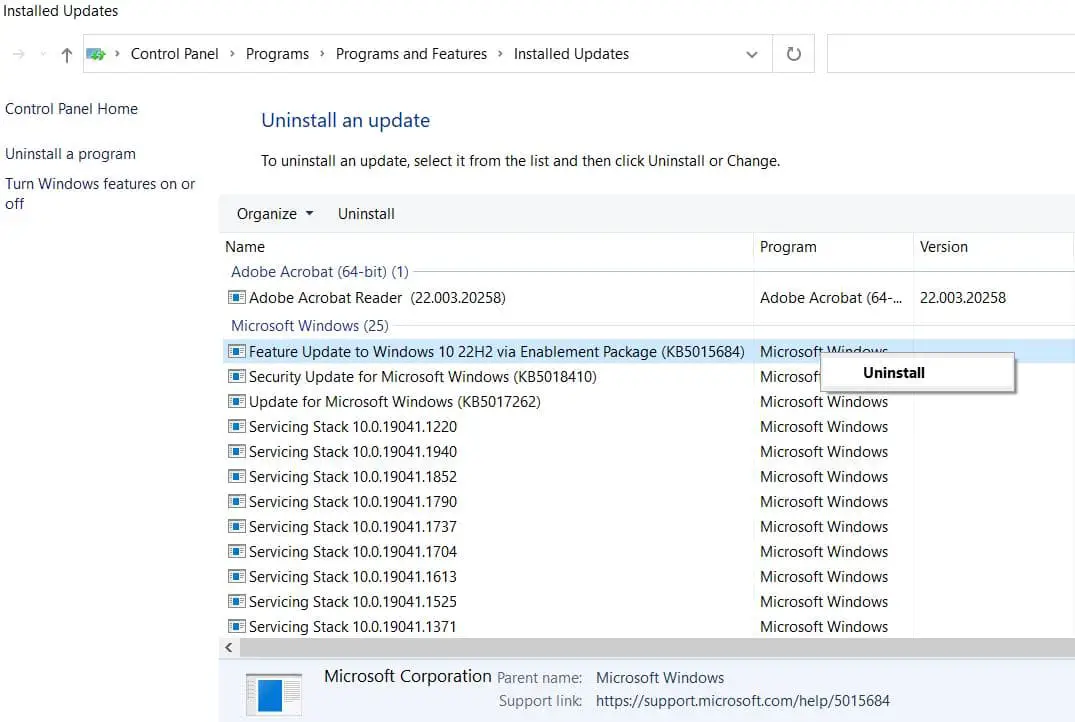 uninstall windows 10 22H2