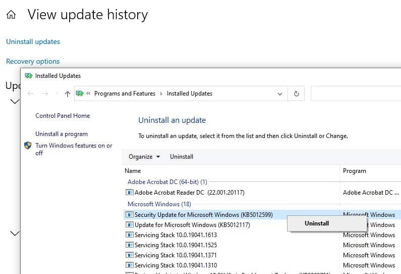 Uninstall windows 10 update