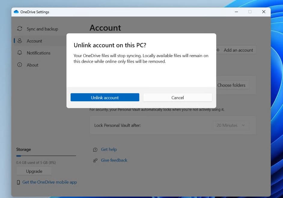 Unlink OneDrive Account