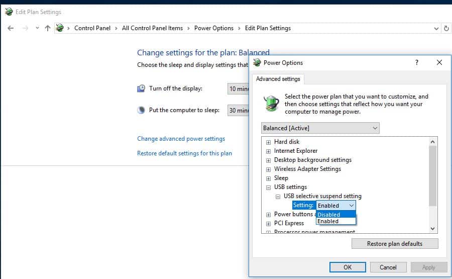 USB Selective Suspend Settings