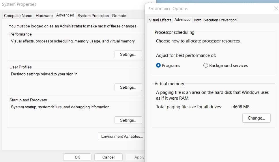 virtual memory option