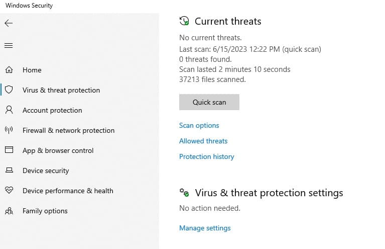 Virus and threat protection settings