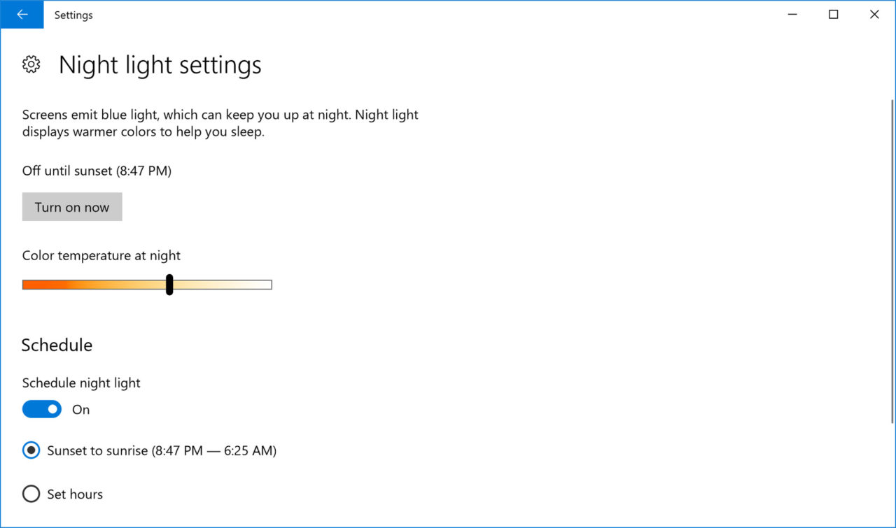 windows 10 night light settings