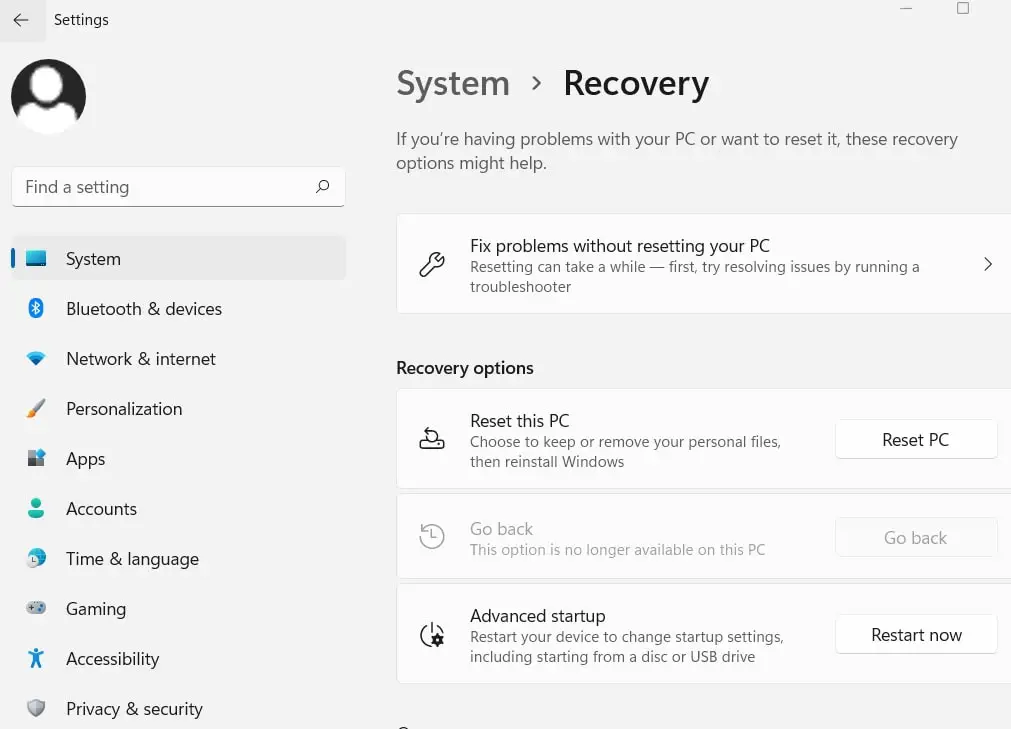 windows 11 advanced options