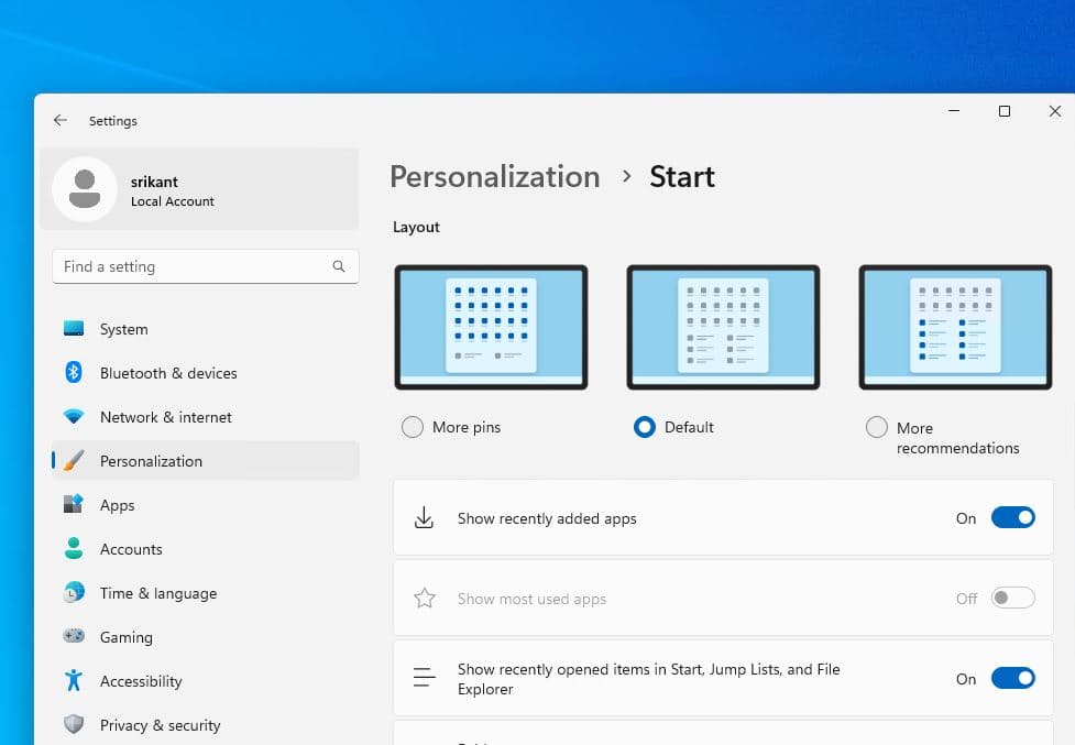 windows 11 Start menu layouts