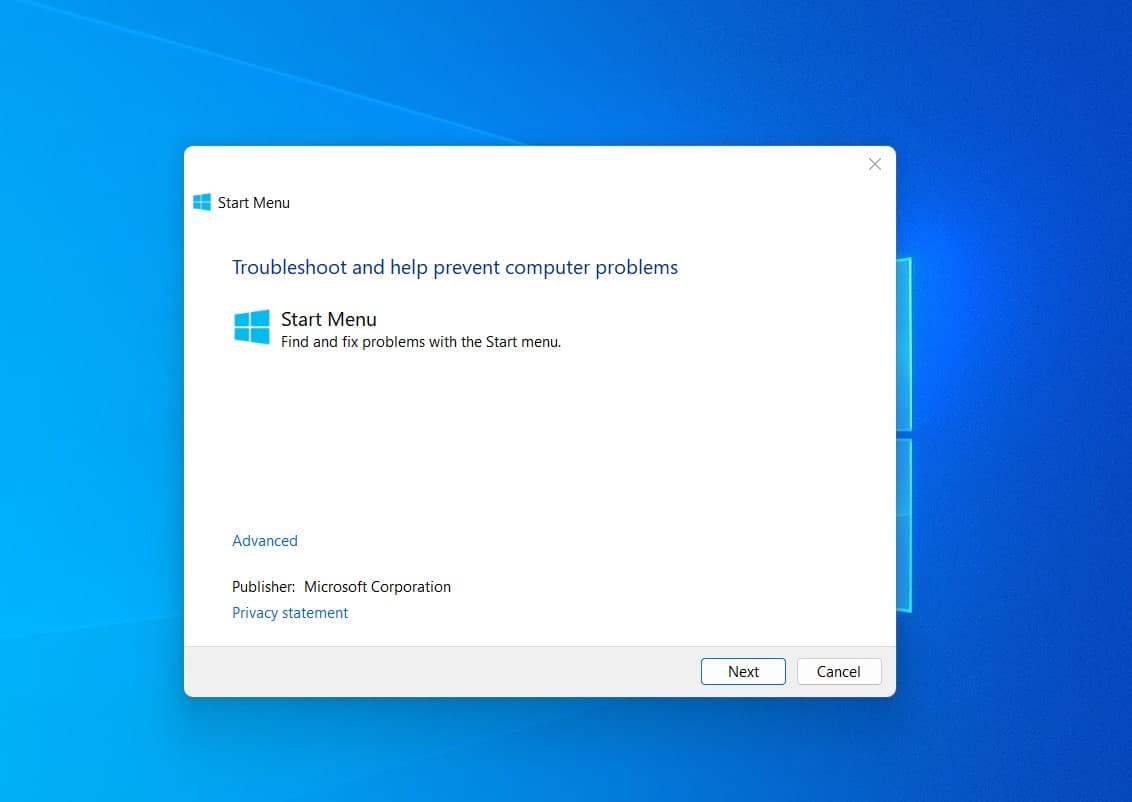 windows 11 start menu troubleshooter