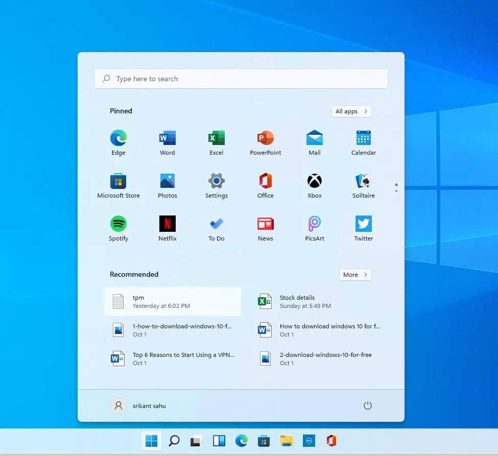 Windows 11 start menu