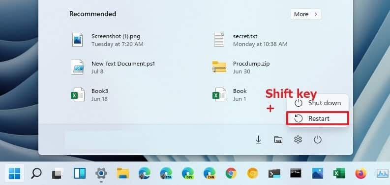 windows 11 start shift restart