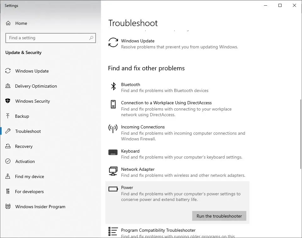 Windows power troubleshooter