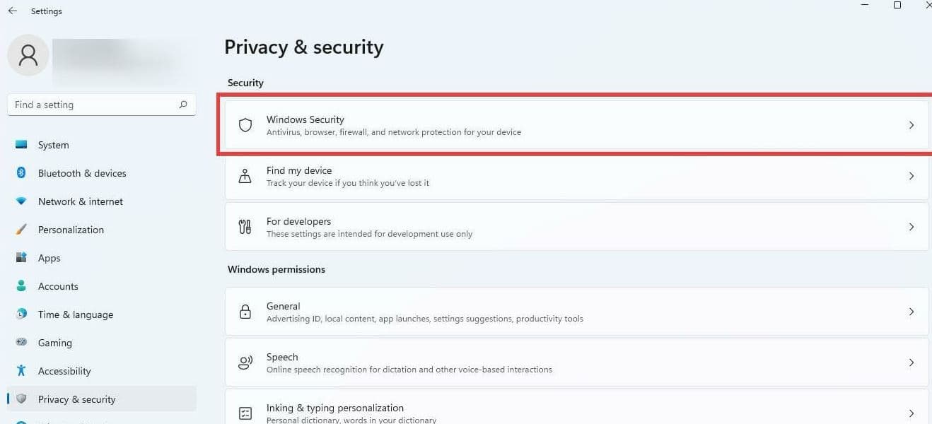 Windows security on settings