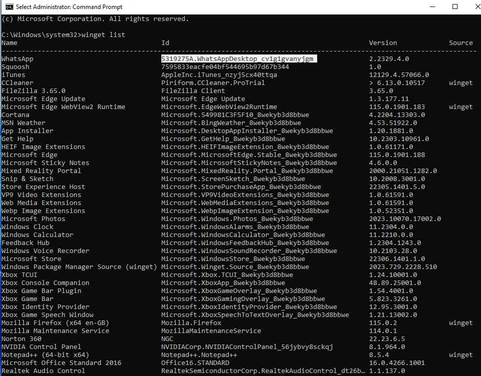 winget command to display installed app list