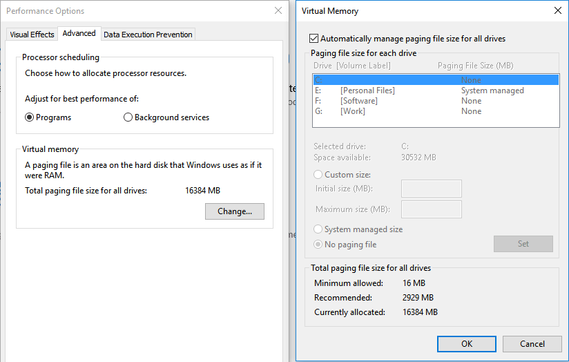 Automatically manage paging file size