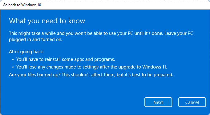 Read information before rollback windows 10