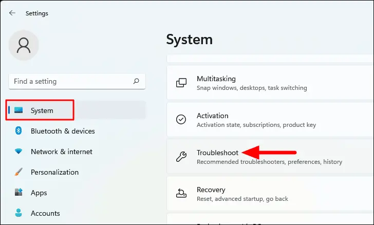 Troubleshoot option windows 11