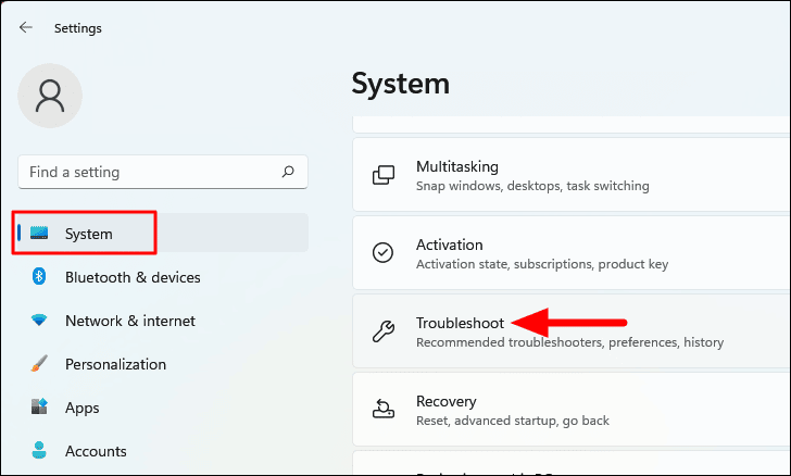 Troubleshoot option windows 11