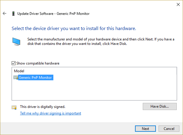 update Generic PnP Monitor driver
